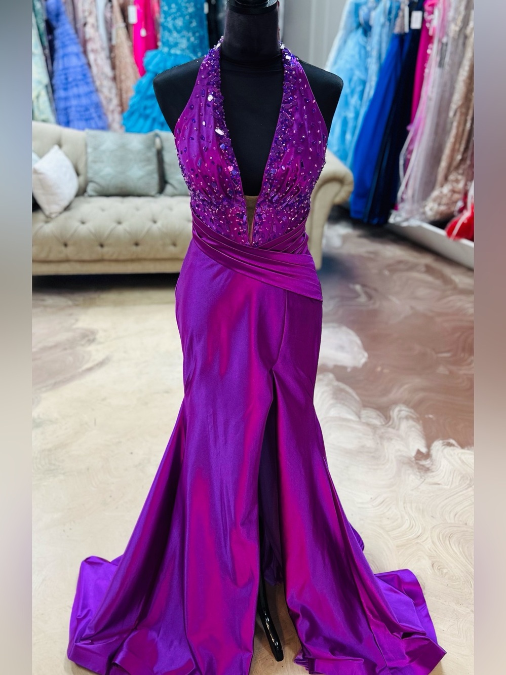 Beaded Halter Prom Gown in Vivid Purple